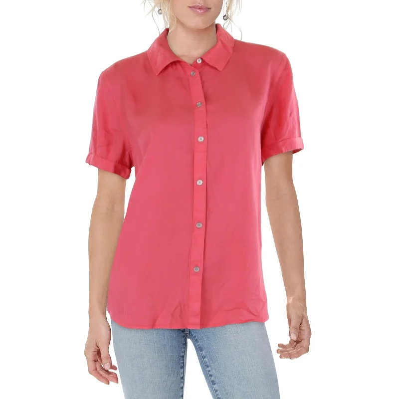 Fashion Essentials Womens Collared Rolled Sleeve Button-Down Top