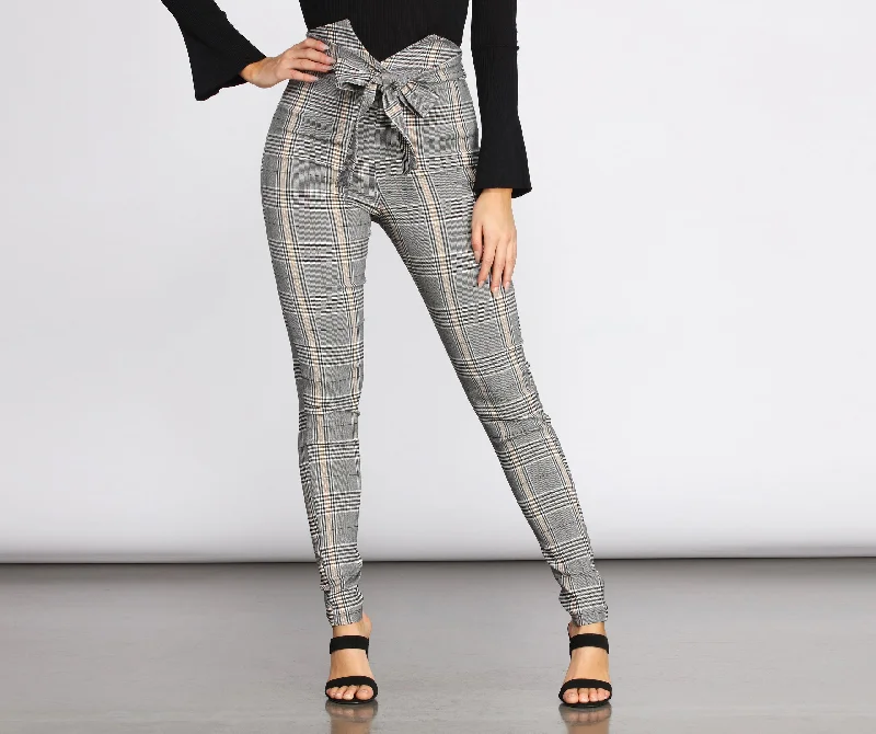 Flash Sale Clothing High Rise Tie Waist Plaid Skinny Pants