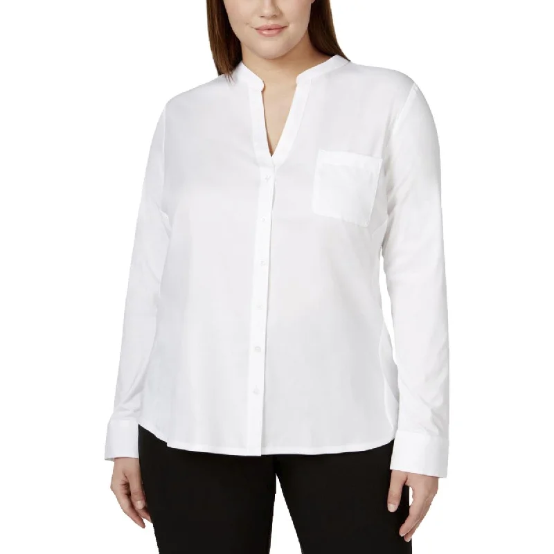 Chic Outfits Womens Mixed Media V-Neck Button-Down Top