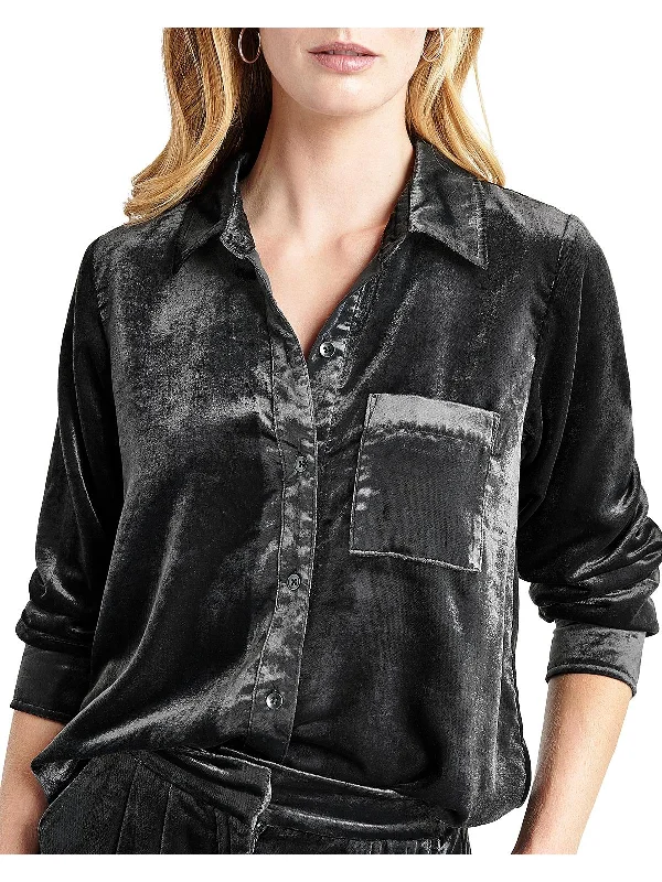 Trendy Street Style Attire Irene Womens Velvet Collar Button-Down Top
