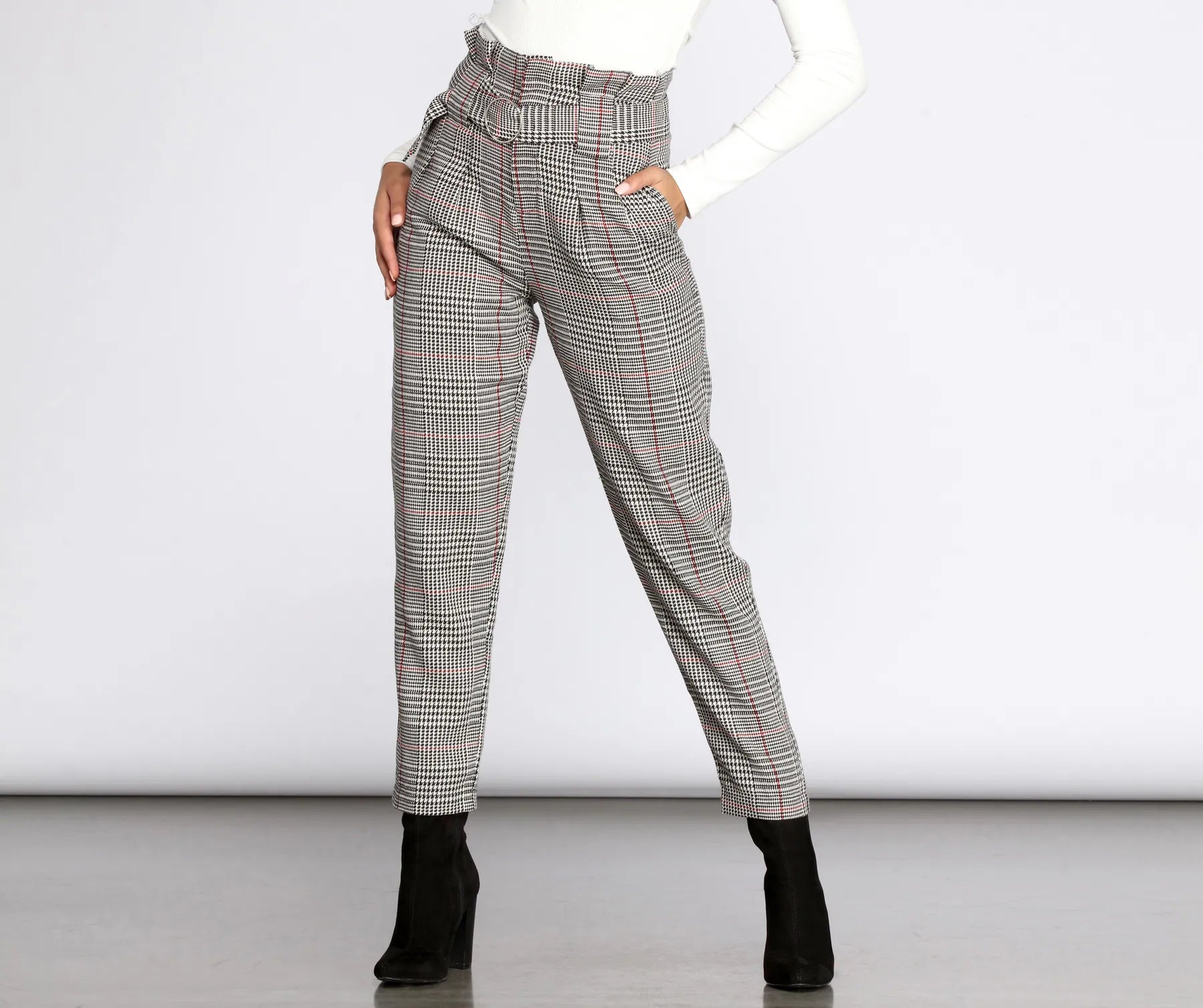 End Of Season Sale Clothing Glen Check Paper Bag Belted Pants