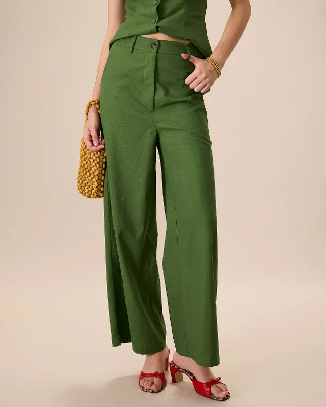Women's Evening Wear for Special Occasions Women's Green High-Waisted Cotton Linen Wide-Leg Pants