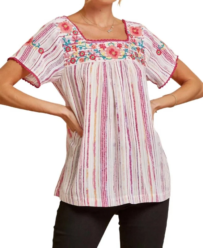 Women's Casual and Dressy Outfits Babydoll Embroidered Top In Ivory Magenta