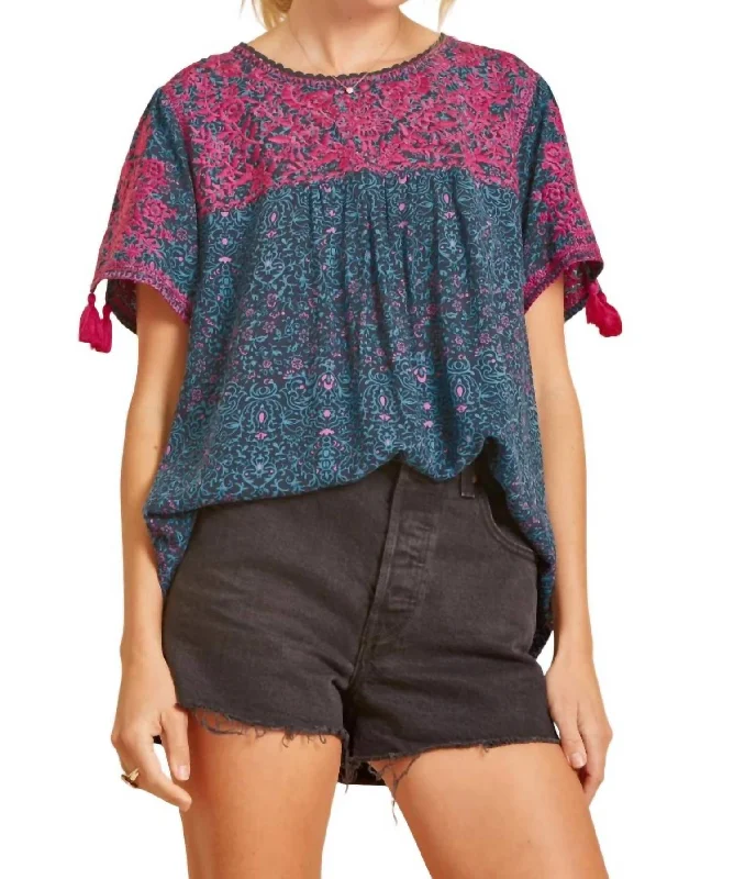 Discount Store Embroidered Babydoll Top In Magenta/teal