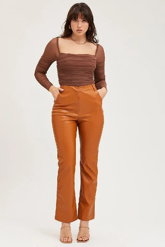 New Arrivals Beige Flare Pants High Rise Faux Leather