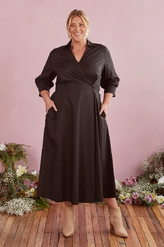 Comfortable Lounge Clothing Wendy Poplin Wrap Dress in Black