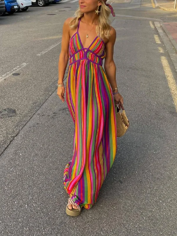 Women's Clothing For Casual Outings Rainbow Stripe Print Charming V-Neck Maxi Dress