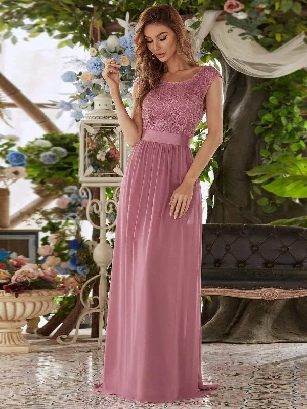 Women's Relaxed Clothes Classic Round Neck V Back Lace Bodice Bridesmaid Dress