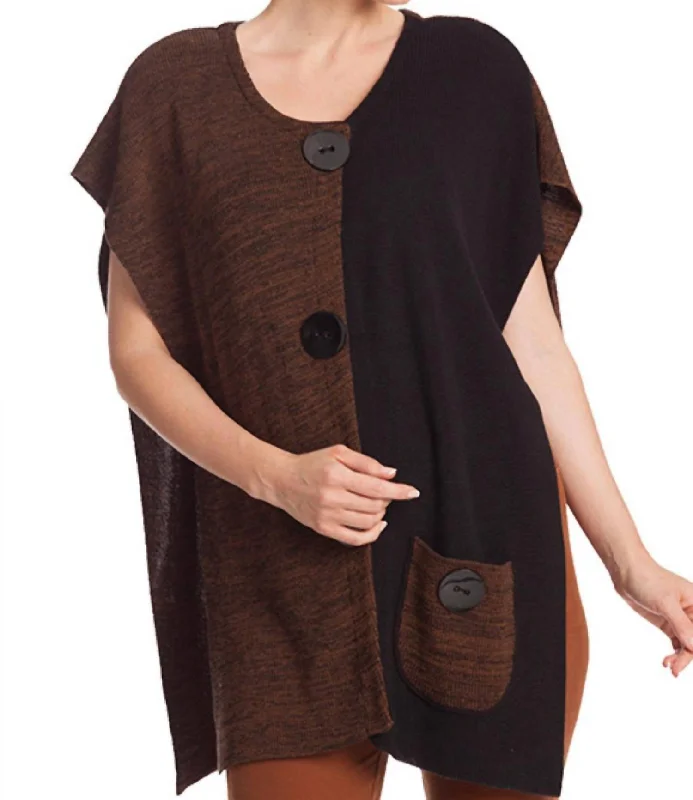 Luxury Women's Clothing Large Button Poncho Sweater In Brown/black