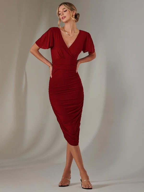 Charming Women's Clothes For Special Events Plain Angel Sleeve Ruched Bodycon Dress, Dark Red