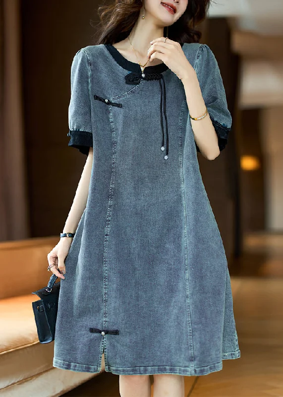 Comfort Centric Apparel Loose Black O Neck Button Patchwork Denim Dress Summer