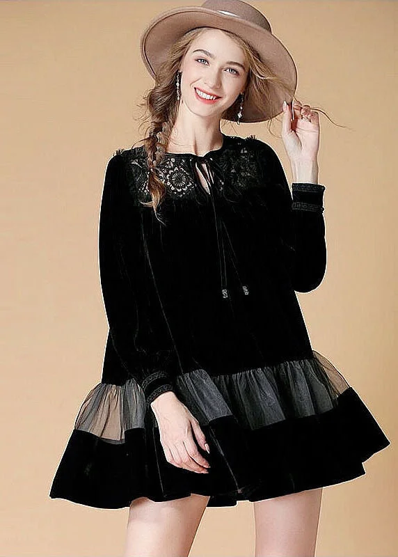 Comfort First Women's Fashion Women Black Embroideried Patchwork Velour Mini Dress Spring Comfort First Women's Fashion Women Black Embroideried Patchwork Velour Mini Dress Spring