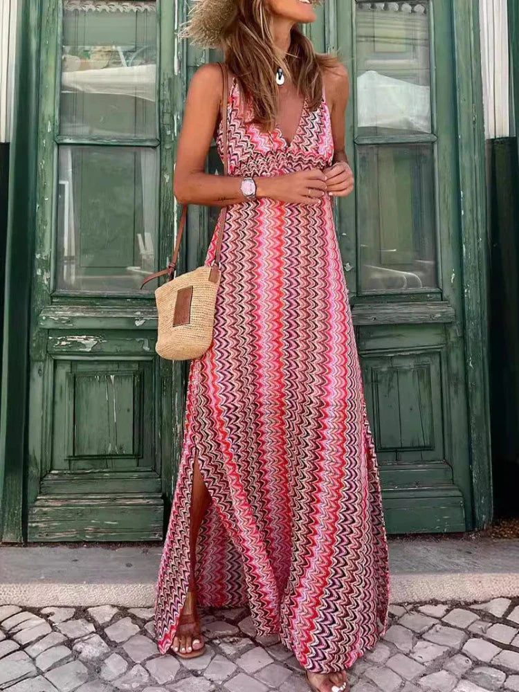 Comfortable Women's Clothes Holiday Printed Beach Long Women New Fashion Bohemian Printed V-Neck Sling Vintage Maxi Dress