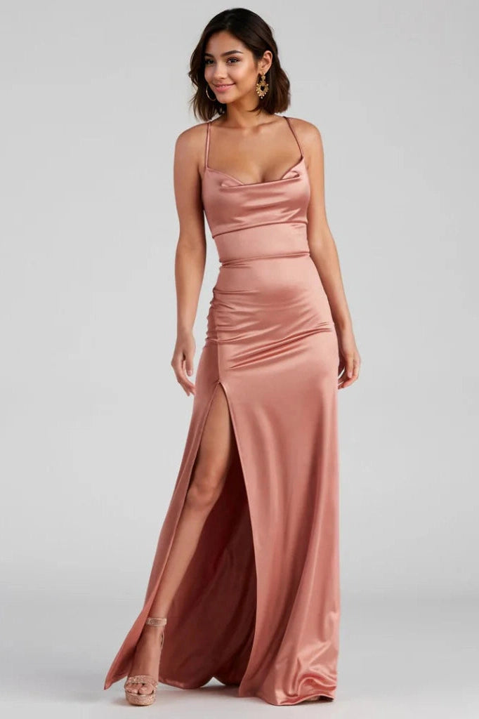 Women's Holiday Clothing Cassie Sleeveless Satin High Slit Formal Dress