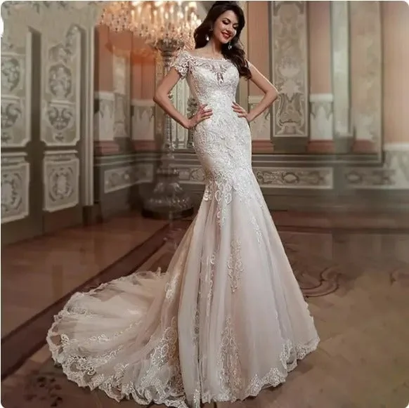 Women's Clothing Luxury Mermaid Wedding Dress Short Sleeves Lace Appliques Elegant Boat Neck Bride Gown Illusion Backless Button Train