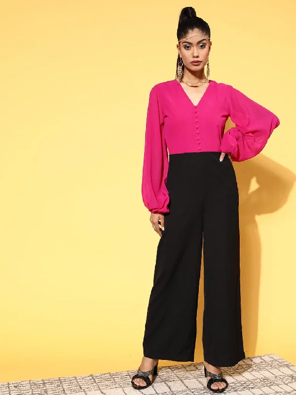 Stylish And Comfortable Clothing For Women Women Fuchsia & Black Volume Sleeve Jumpsuit