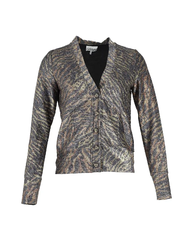 Women's Clothes For Work Ganni Lurex Jersey Cardigan in Animal Print Polyester