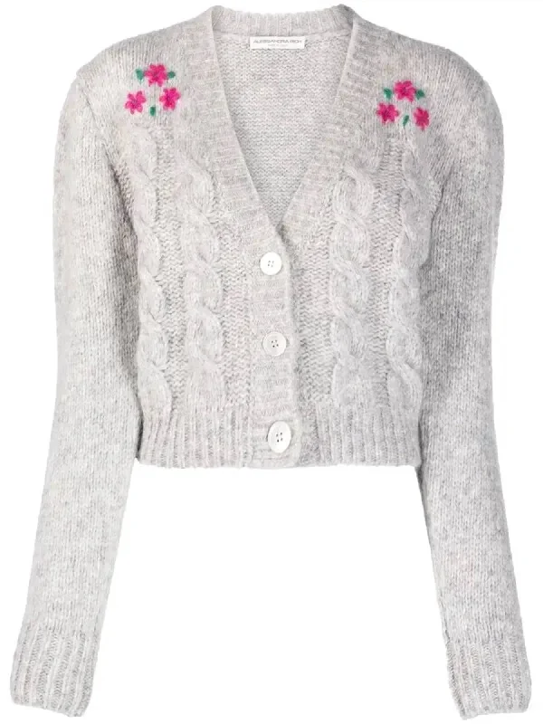 Comfortable Women's Clothes Cardigan With Flowers In Light Grey