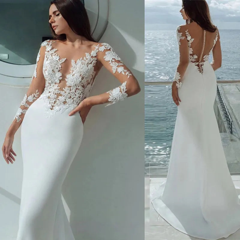 Fashionable Women's Clothes Long Sleeves Mermaid Wedding Dresses White Sexy Illusion Neck Lace Appliques Elegant Bridal Dress Gowns Beach Vestidos De Noiva