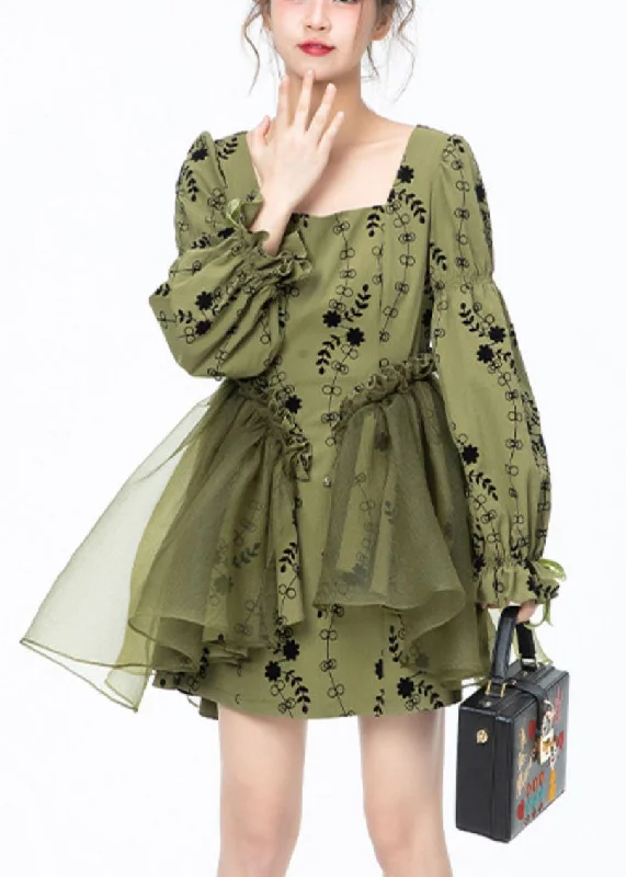 Clothes Woman Beautiful Green Square Collar Print Tulle Patchwork Mid Dresses Long Sleeve Clothes Woman Beautiful Green Square Collar Print Tulle Patchwork Mid Dresses Long Sleeve