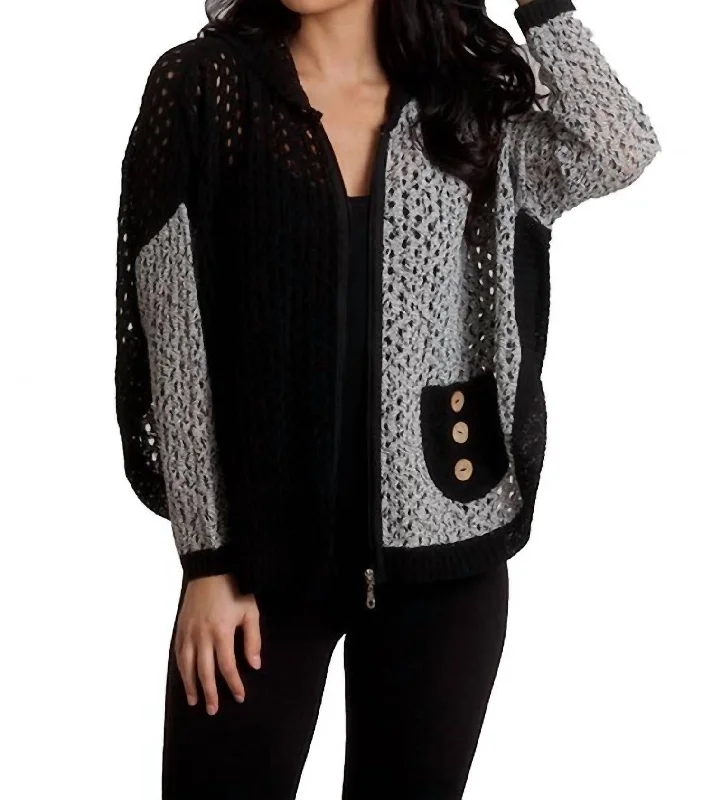 Timeless Women's Clothing Crochet Button Hoodie Poncho In Black/white