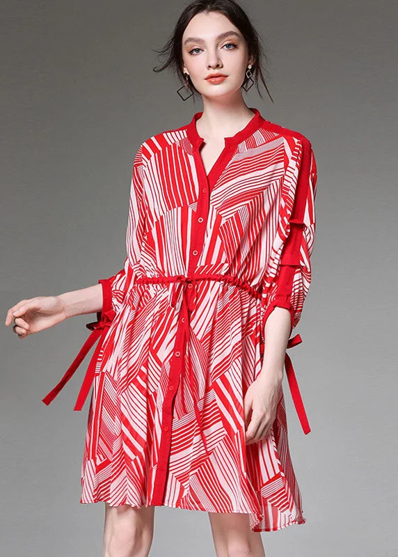 Modern Women's Clothes Boutique Red Tie waist Cinched Print Fall Chiffon Half Sleeve Vacation Dresses