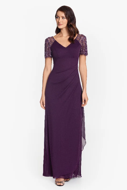 Elegant Clothing Petite "Lana" Long V-Neck Beaded Flutter Sleeve Dress