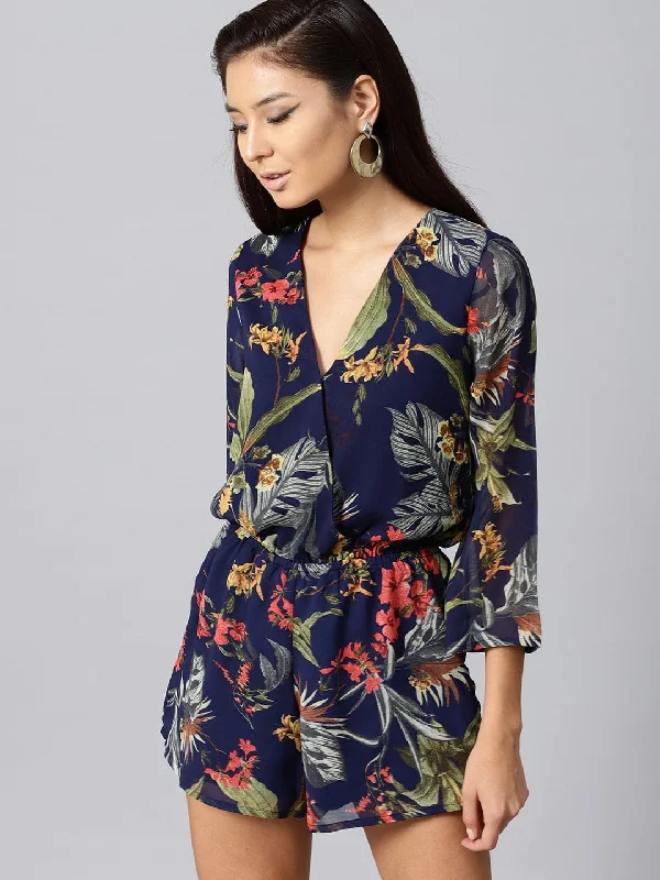 Sustainable Women's Clothes Navy Tropical Wrap Romper