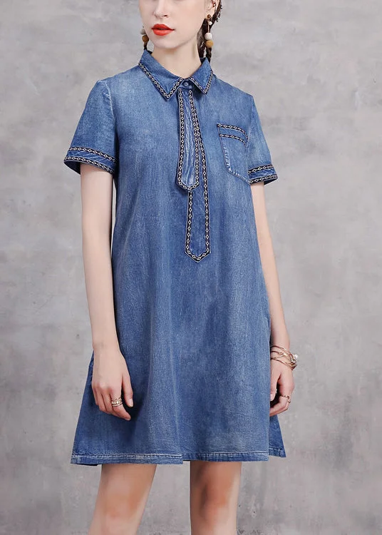 Stylish And Comfortable Clothing For Women Cute Blue Peter Pan Collar Necktie Embroideried Cotton Denim Dresses Short Sleeve