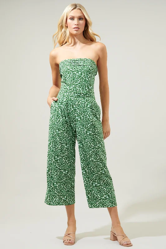 Women's Clothes For The Office Adieu Floral Free Flow Strapless Pleated Cropped Jumpsuit