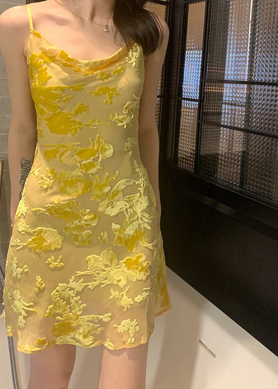 Season Appropriate Women's Collection Slim Fit Yellow O Neck Solid Silk Spaghetti Strap Dress Sleeveless Season Appropriate Women's Collection Slim Fit Yellow O Neck Solid Silk Spaghetti Strap Dress Sleeveless