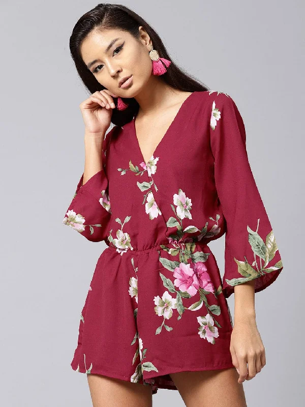 Women's Professional Clothes Maroon Tropical Wrap Romper