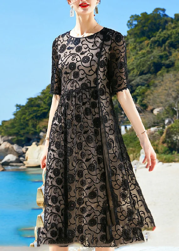 Women's Trendy Clothing Organic Black O-Neck Embroideried Side Open Silk Dinner Dress Short Sleeve