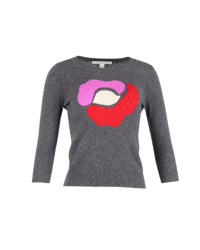 Casual Clothes For Women Diane Von Furstenberg Floral Intarsia Sweater in Grey Cashmere