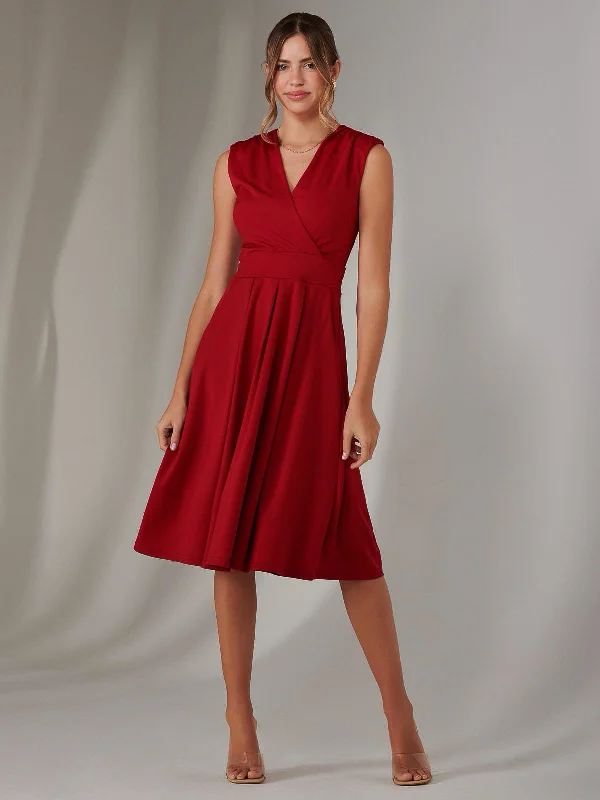 Women's Vintage-Inspired Clothing Plain Sleeveless Midi Dress, Burgundy