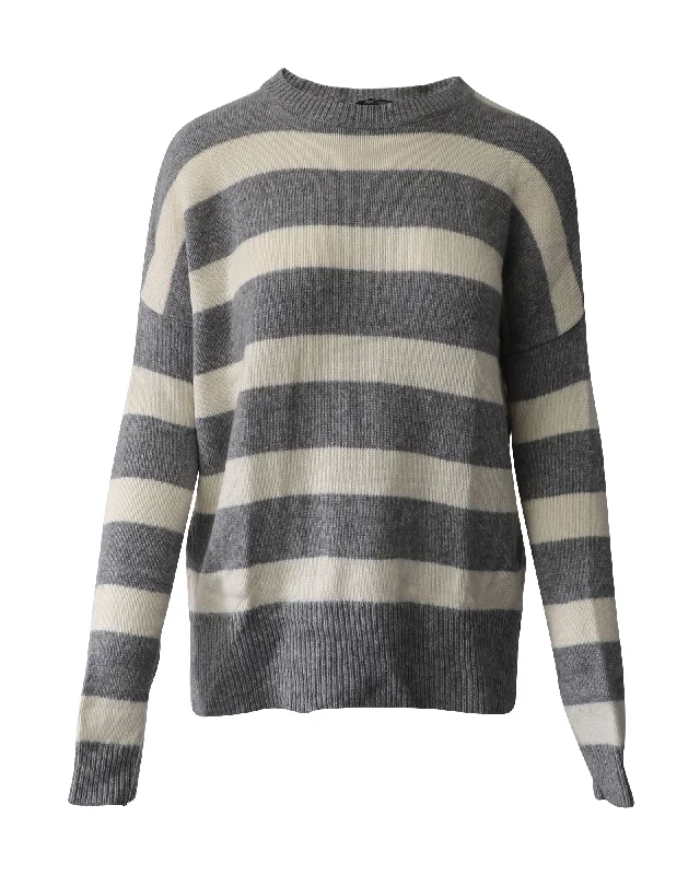 Luxury Women's Clothing Theory Karenia Striped Sweater in Grey and Cream Cashmere