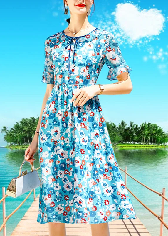 Women's Evening Clothing French Blue O-Neck Lace Up Print Silk Beach Dress Short Sleeve