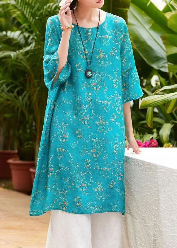 Stylish Clothes For Women Natural blue print linen clothes o neck flare sleeve Midi summer Dress