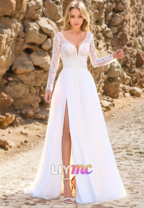 Affordable Women's Clothing V-Neck Long Sleeves Appliques A-Line Beach Wedding Dress