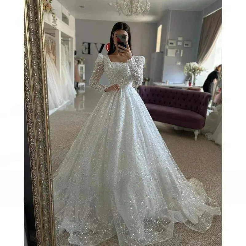 Affordable Women's Clothes Luxurious Wedding Gowns With Beading Princess A-line Ball Gown Square Collar Full Sleeve Bride Dress  Prom Dresses Robe De Marie