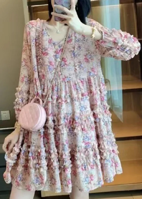 Fashion Forward, Function First Bohemian Pink V Neck Print Patchwork Ruffled Mid Dress Long Sleeve Fashion Forward, Function First Bohemian Pink V Neck Print Patchwork Ruffled Mid Dress Long Sleeve