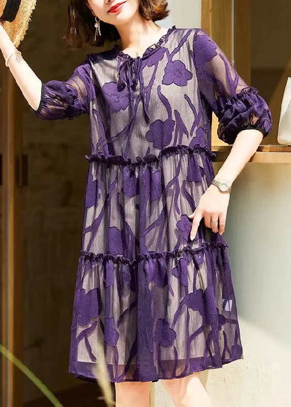 Trend Forward Threads For Her Italian Purple Ruffled Lace Up Chiffon Dresses Half Sleeve Trend Forward Threads For Her Italian Purple Ruffled Lace Up Chiffon Dresses Half Sleeve
