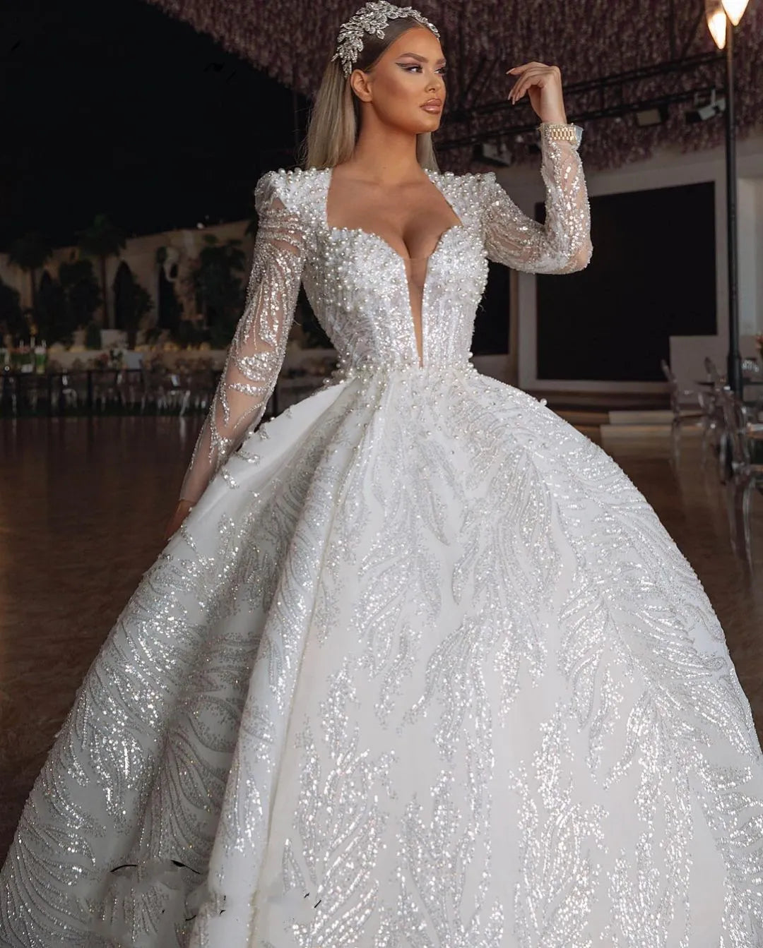 Women's Loungewear Clothes Princess Wedding Dresses For Women Long Sleeves Pearls Sequins Dubai Bridal Gowns Luxury Arabic Chapel Vestidos De Novia