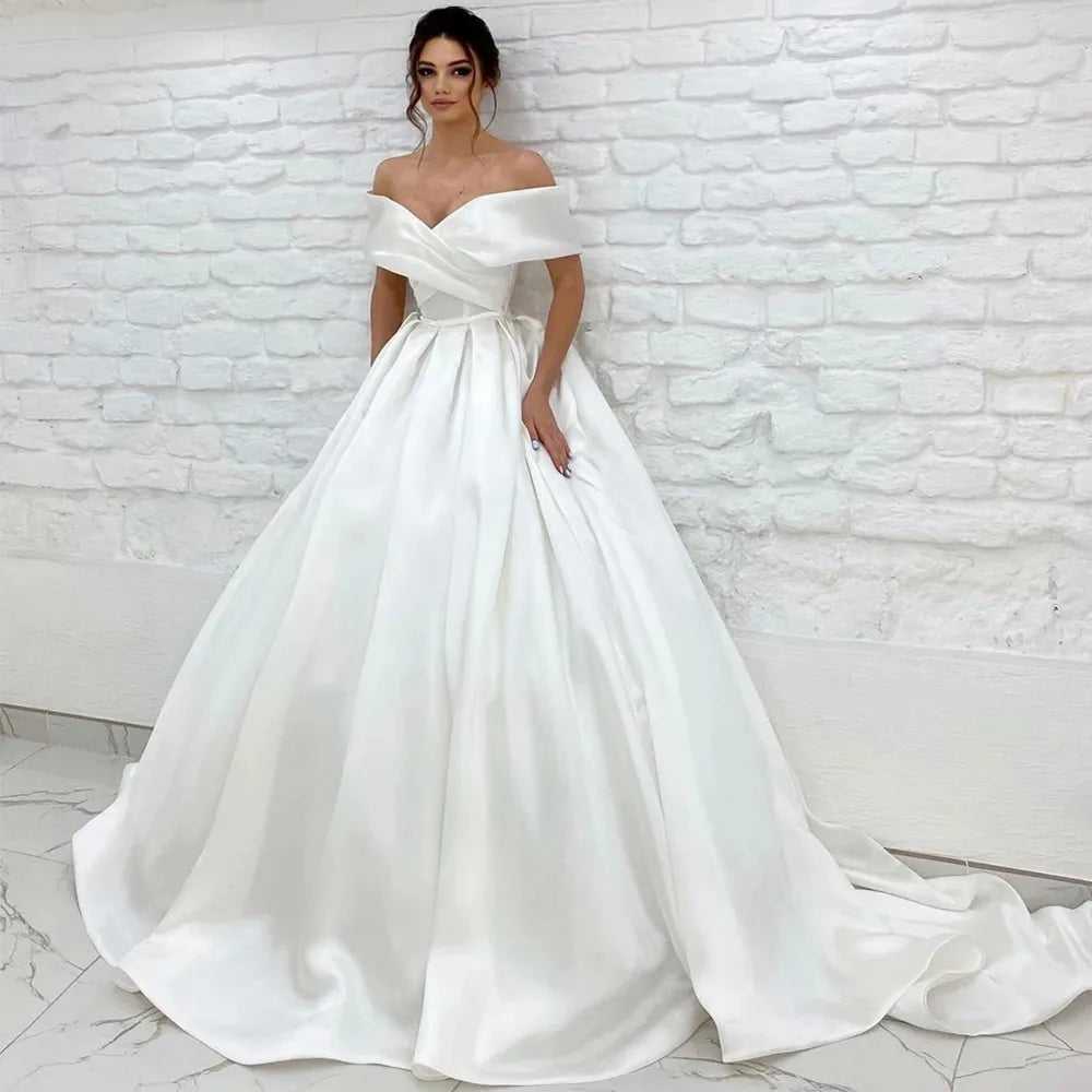 Women's Trendy Casual Clothes Simple Satin Wedding Dresses With Belt Cap Sleeves V neck Zipper Back Court Train Formal Bridal Gowns Vestido De Noiva Robe