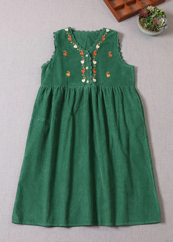 Women's Clothing With Trendy Designs Casual Green Embroideried Patchwork Corduroy Vacation Dresses Sleeveless