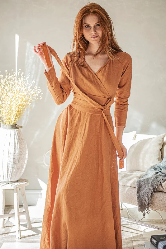 Women's Athletic Clothes Heavy Linen Wrap Dress with Waist Belt