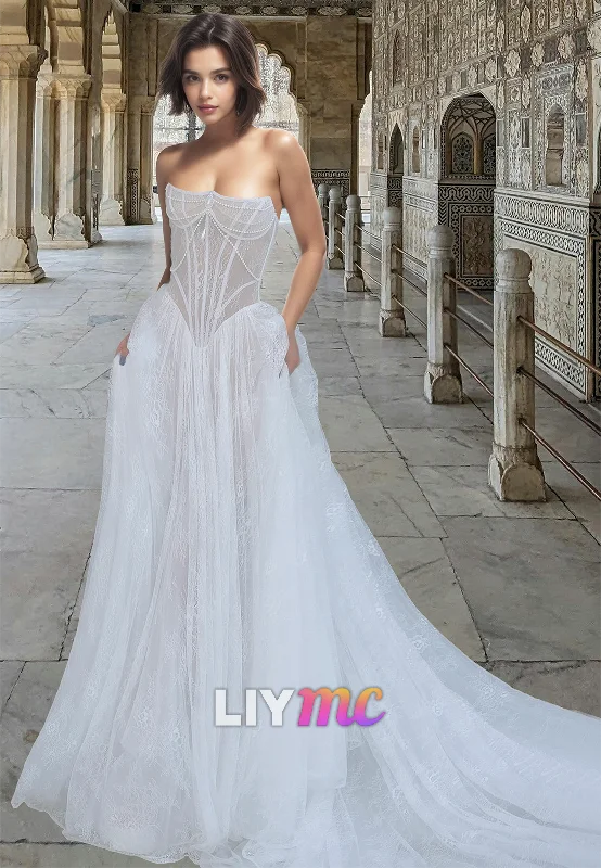 Women's Clothing Sets Off-Shoulder Sleeveless Appliques Pleated A-Line Wedding Dress