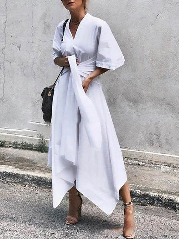 Women's Outerwear Clothing V-Neck Short Sleeve Irregular Maxi Dress