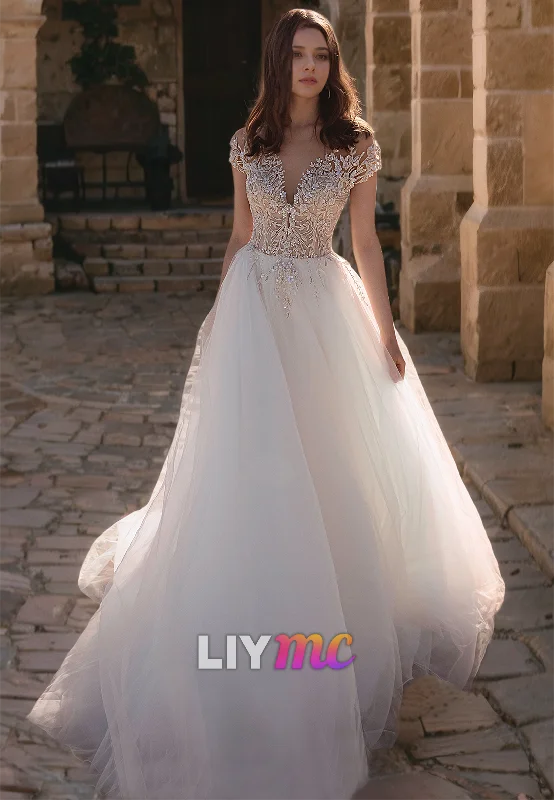 Plus-Size Women's Clothing V-Neck Sleeves Appliques Tulle A-Line Ball Gown Wedding Dress