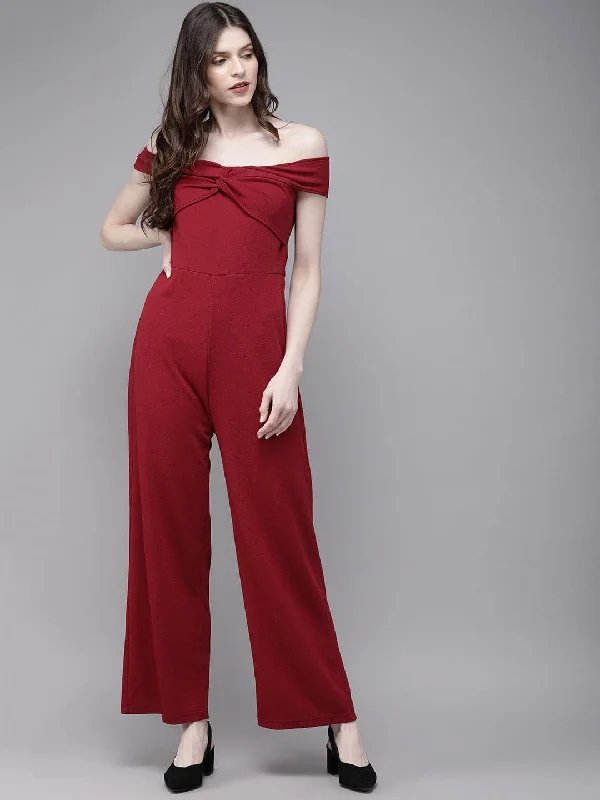 Affordable Women's Clothing Maroon Off Shoulder Jumpsuit